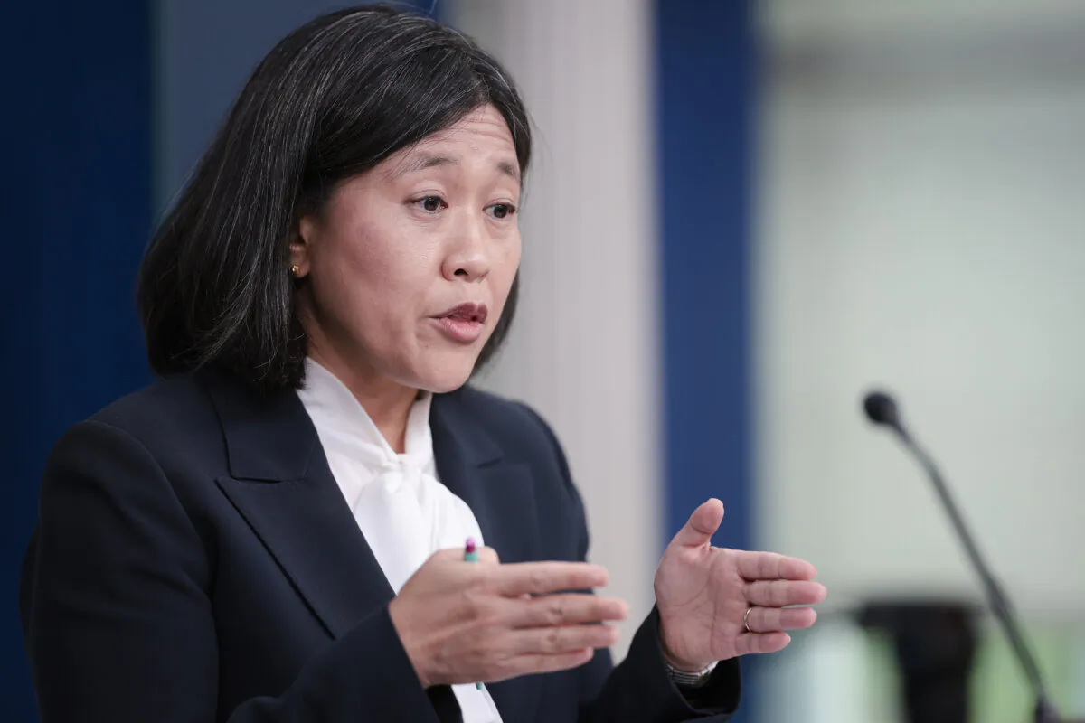 U.S. Trade Representative Katherine Tai answers questions during the daily press briefing at the White House in Washington on May 14, 2024. (Win McNamee/Getty Images)