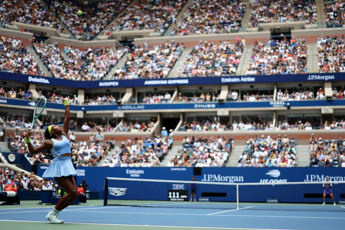 Coco Gauff of the United States serves against Elina Svitolina of Ukraine during their Women's Singles Third Round match on Day Five of the 2024 US Open in New York City on Aug. 30, 2024. (Jamie Squire/Getty Images)