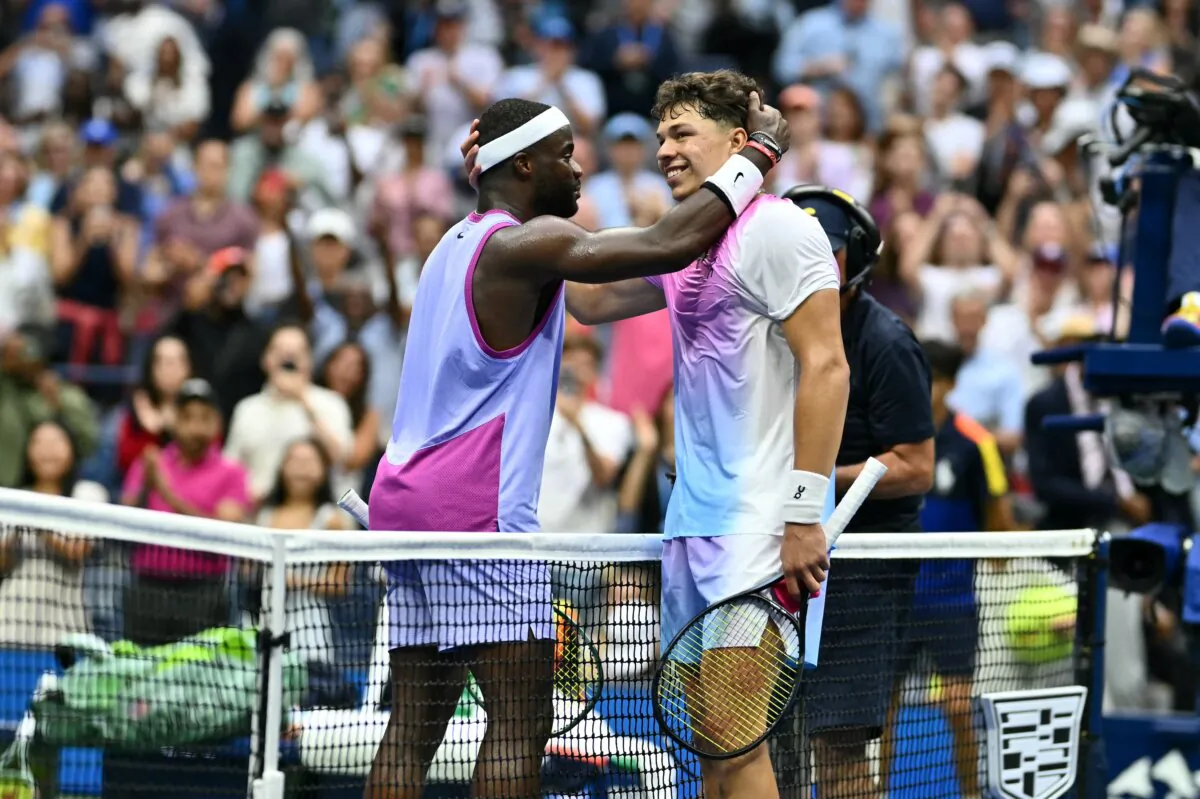 USA's Frances Tiafoe (L) congratulates USA's Ben Shelton after defating him in their men's singles third round match on day five of the US Open tennis tournament in New York City, on Aug. 30, 2024. (Angela Weiss/AFP/Getty Images)