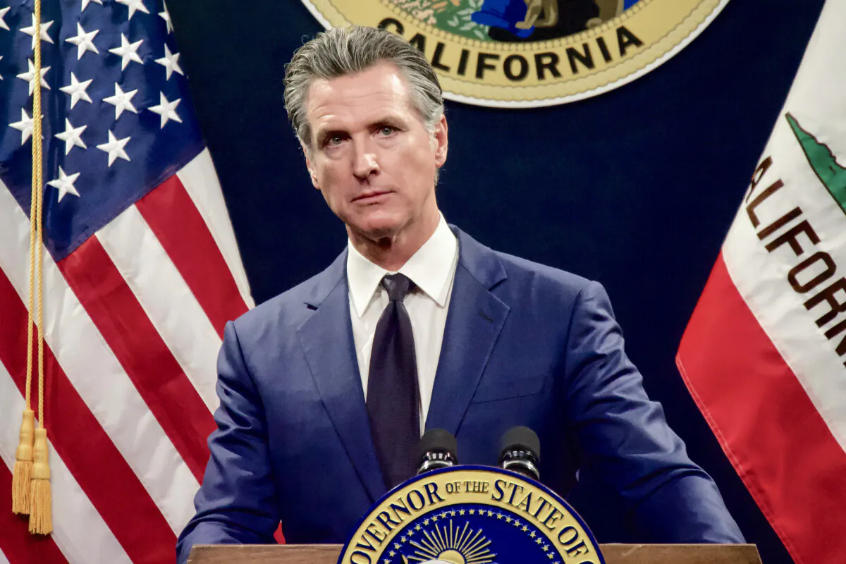 Gov. Gavin Newsom speaks at a news conference at the Capitol in Sacramento, Calif., on May 10, 2024. (Travis Gillmore/The Epoch Times)