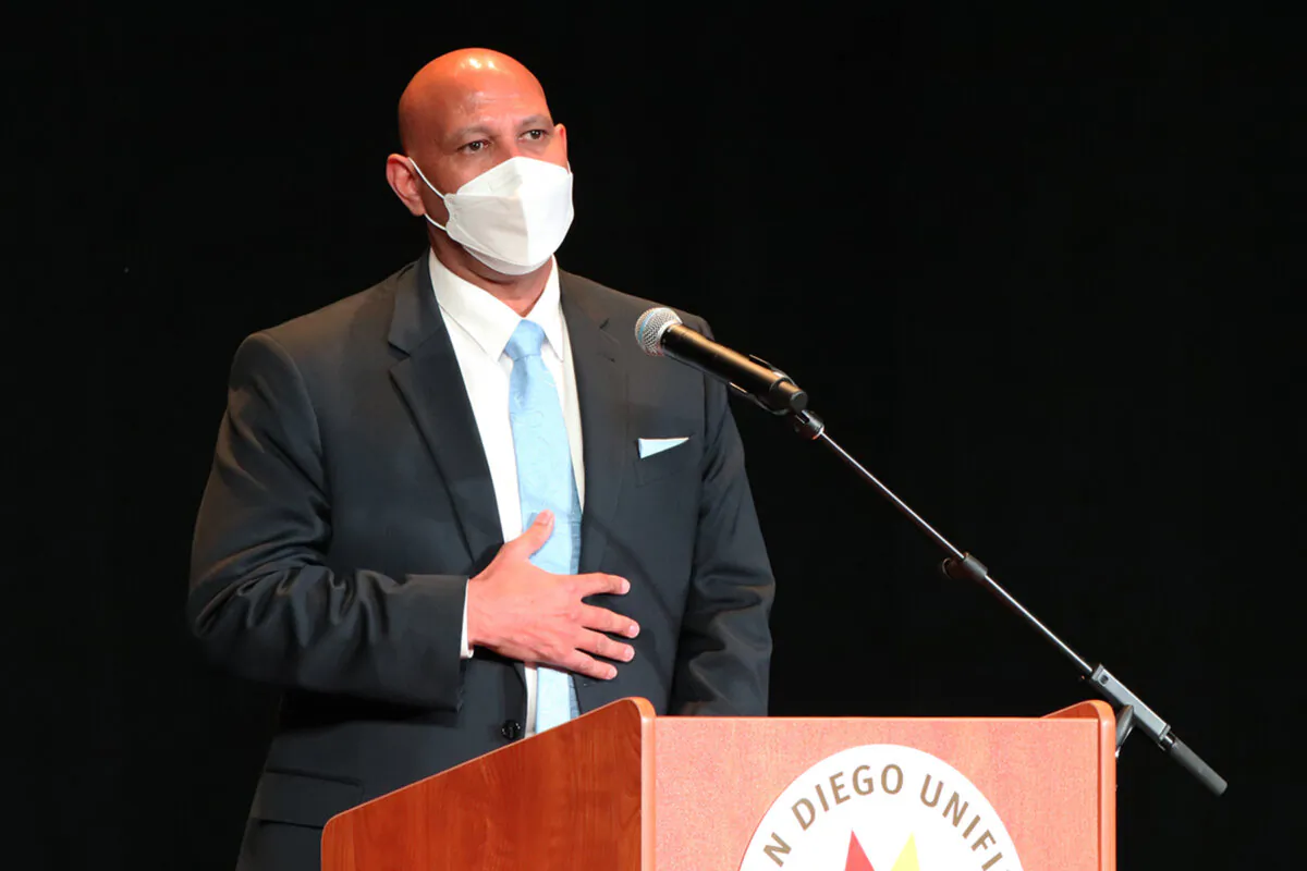 San Diego Unified School District Interim Superintendent Lamont Jackson speaks at a Superintendent Search Community Engagement Forum hosted by the district in San Diego on Feb. 26, 2022. (Tina Deng/The Epoch Times)