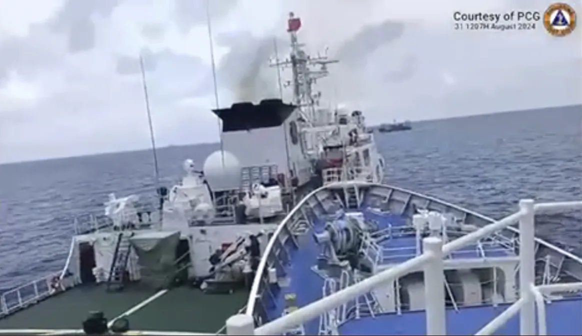 A Chinese Coast Guard ship with bow number 5205 (R) collides with Philippine Coast Guard vessel BRP Teresa Magbanua near the Sabina Shoal at the disputed South China Sea, on Aug. 31, 2024. (Philippine Coast Guard via AP)