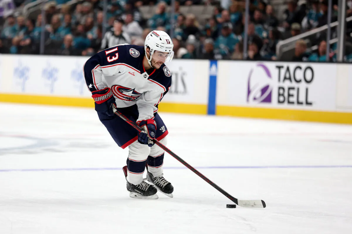 Johnny Gaudreau of the Columbus Blue Jackets in action against the San Jose Sharks at SAP Center in San Jose, Calif., on Feb. 17, 2024. (Ezra Shaw/Getty Images)