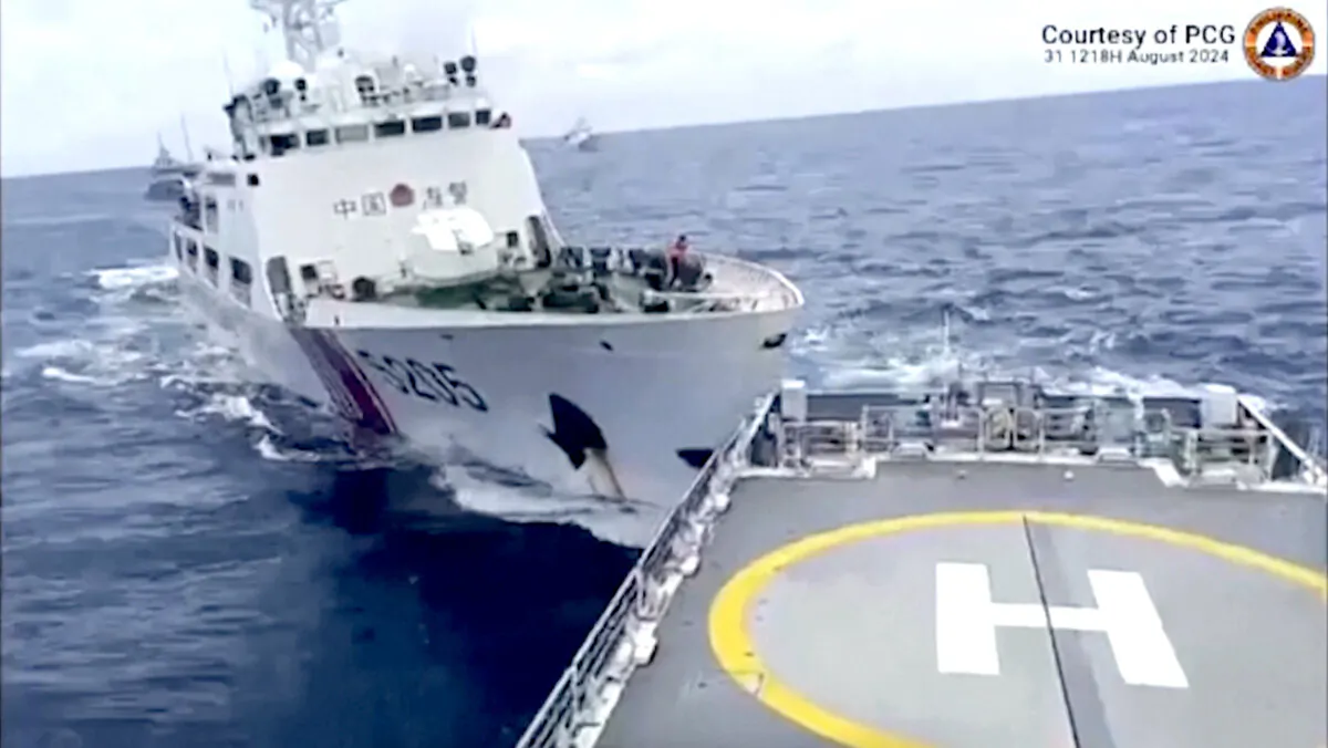 A Chinese Coast Guard ship with bow number 5205 (L) collides with Philippine Coast Guard vessel BRP Teresa Magbanua near the Sabina Shoal at South China Sea on Aug. 31, 2024, in a still from video footage. (Philippine Coast Guard via AP)