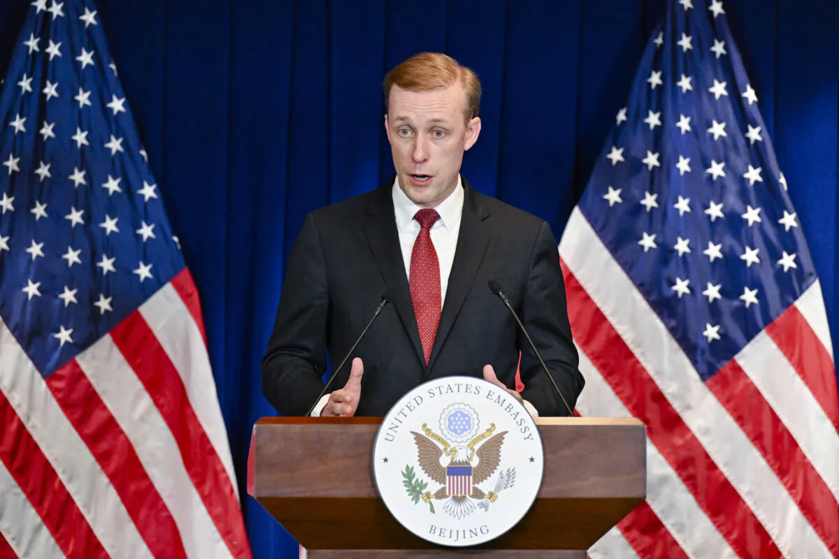 U.S. national security adviser Jake Sullivan speaks during a press conference at the U.S. embassy in Beijing on Aug. 29, 2024. (Adek Berry/AFP via Getty Images)