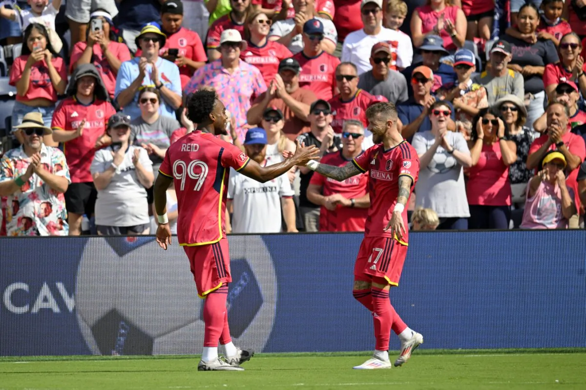 St. Louis City midfielder Marcel Hartel (R) celebrates with teammate Jayden Reid after scoring against the Los Angeles Galaxy in St. Louis on Sept. 1, 2024. (Scott Rovak/USA TODAY via Field Level Media)