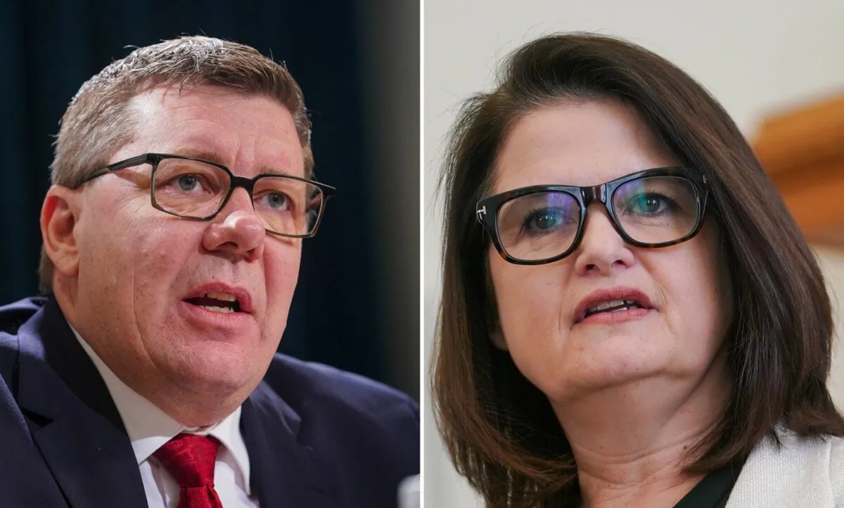 In this composite image, Saskatchewan Premier Scott Moe (L), and Saskatchewan NDP Leader Carla Beck are shown during separate press conferences in Regina on March 20, 2024. (The Canadian Press/Heywood Yu)