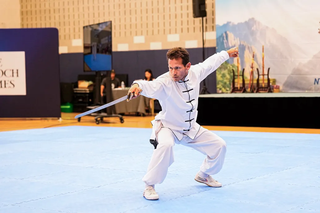 Mauricio Pinzon participates in the NTD International Traditional Chinese Martial Arts Competition preliminary round in Waldick, N.J., on Aug. 31, 2024. (Larry Dye/The Epoch Times)