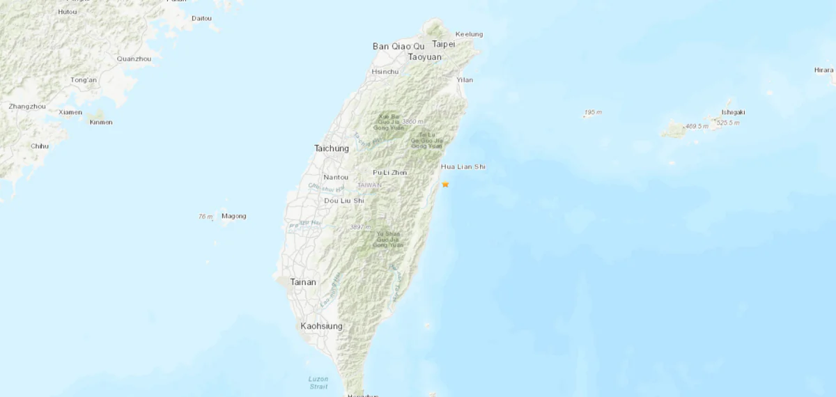A map shows the location of a 5.5 magnitude earthquake that struck just off Taiwan's east coast county of Hualien on Aug. 2, 2024. (USGS/Screenshot via The Epoch Times)