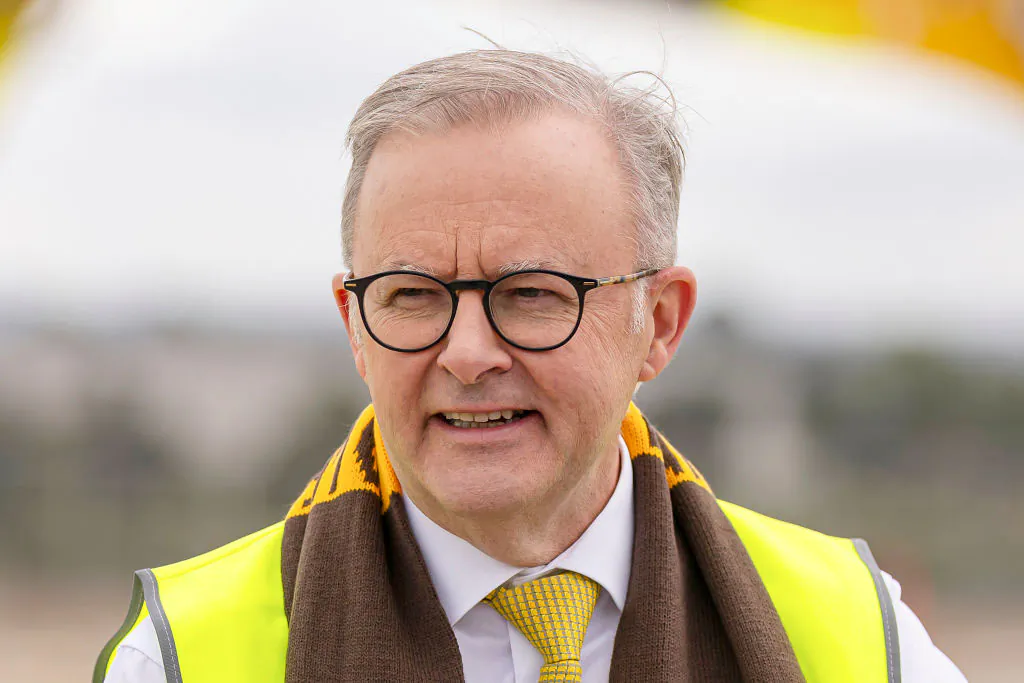 Australian Prime Minister Anthony Albanese speaks to media at The Kennedy Centre in Melbourne, Australia, on Feb. 9, 2024. (Daniel Pockett/AFL Photos/via Getty Images)