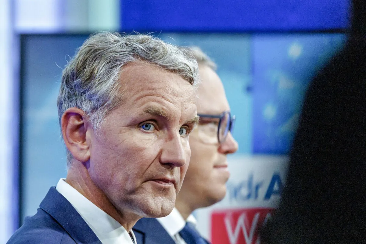 Bjoern Hoecke (L), lead candidate of the right-wing Alternative for Germany in Thuringia, and Mario Voigt, lead candidate of the German Christian Democrats wait to speak in a television interview at the Thuringia State Parliament following Thuringia state elections in Erfurt, Germany, on Sept. 1, 2024. (Jens Schlueter/Getty Images)