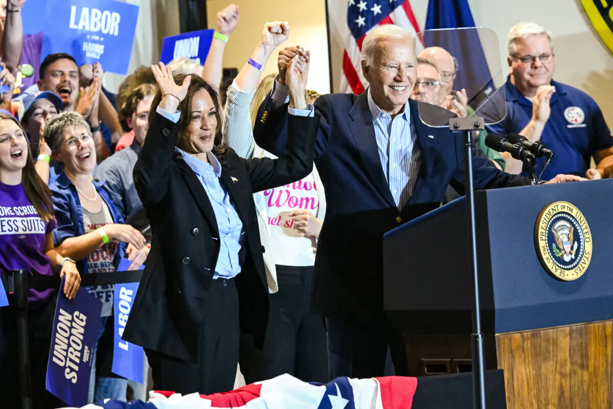 President Joe Biden and Vice President and Democratic presidential candidate Kamala Harris hold a campaign rally at the International Brotherhood of Electrical Workers (IBEW) Local 5 in Pittsburgh on Sept. 2, 2024. (Andrew Caballero-Reynolds/AFP via Getty Images)