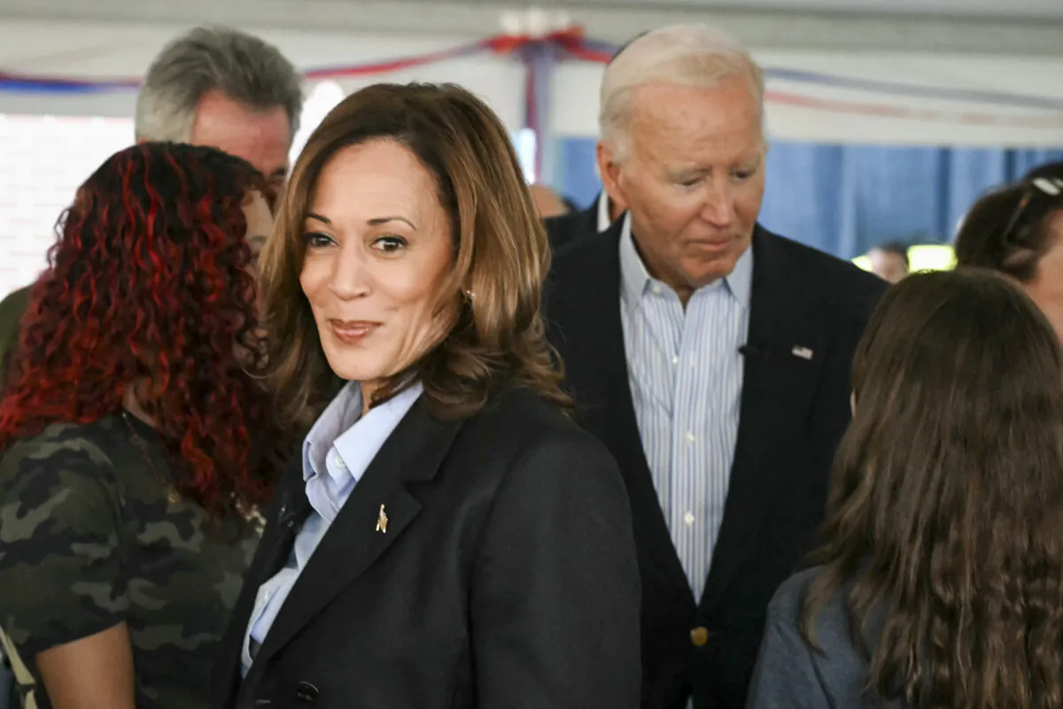 Vice President Kamala Harris and President Joe Biden meet with local union members and their families at the International Brotherhood of Electrical Workers Local 9 in Pittsburgh on Sept. 2, 2024. (Andrew Caballero-Reynolds/AFP via Getty Images)