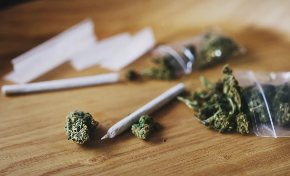 Cannabis, buds and blunt on drug table, (PeopleImages.com - Yuri A/Shutterstock)