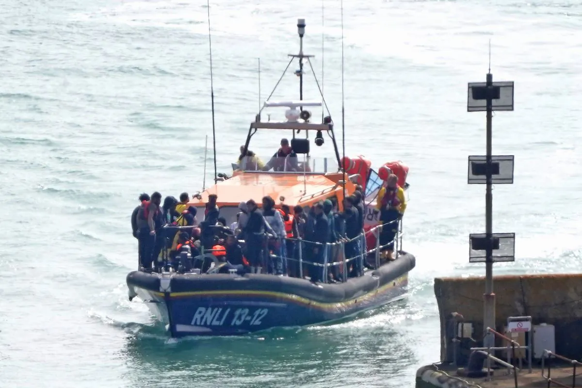 A group of illegal immigrants brought in onboard the RNLI Dungeness Lifeboat in Dover, Kent, England, on Sept.3, 2024. (Gareth Fuller/PA Wire)