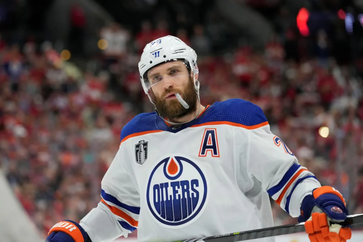 Edmonton Oilers center Leon Draisaitl skates during Game 7 of the Stanley Cup Final against the Florida Panthers in Sunrise, Fla., on June 24, 2024. (Wilfredo Lee/AP Photo)