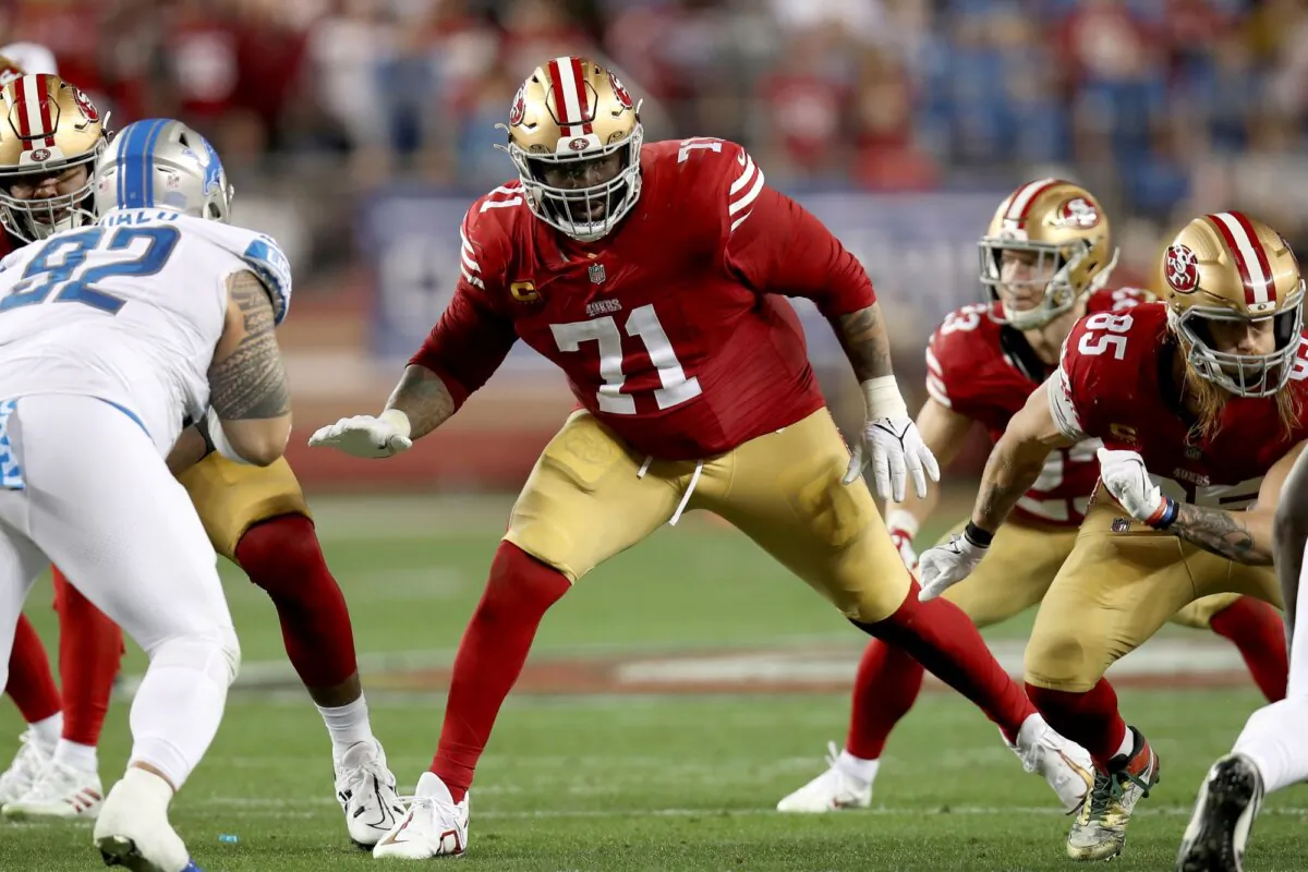 San Francisco 49ers offensive tackle Trent Williams blocks during the NFC Championship Game against the Detroit Lions in Santa Clara, Calif., on Jan. 28, 2024. (Scot Tucker/AP Photo)