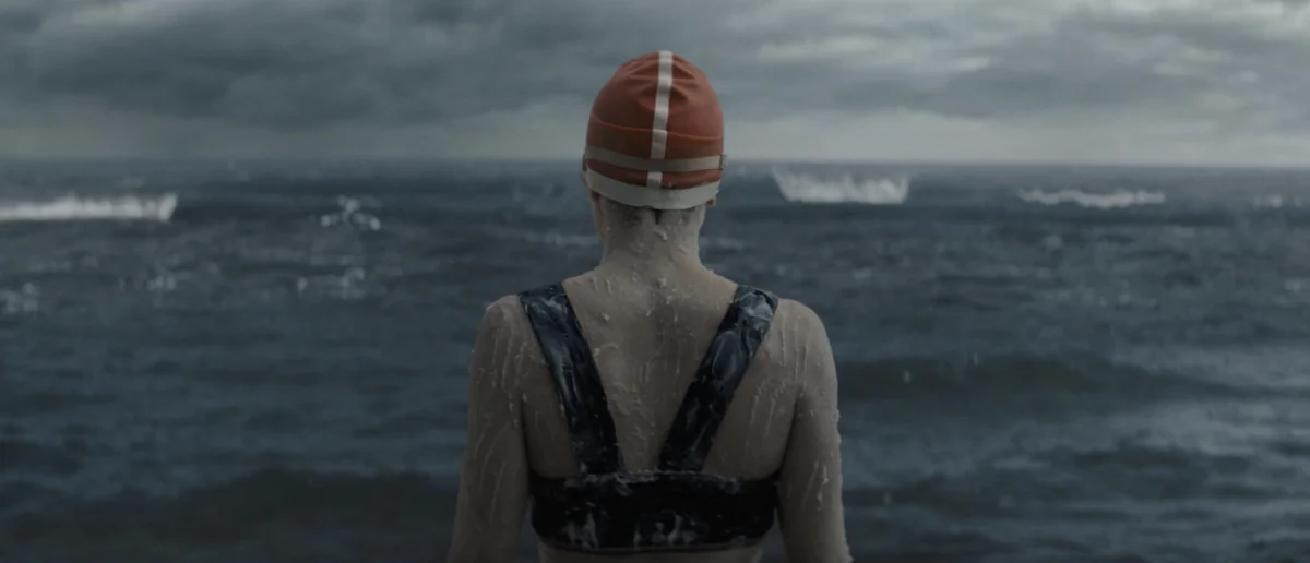 Trudy Ederle (Daisy Ridley) about to take a true hero's journey, in "Young Woman and the Sea." (Walt Disney Studios)
