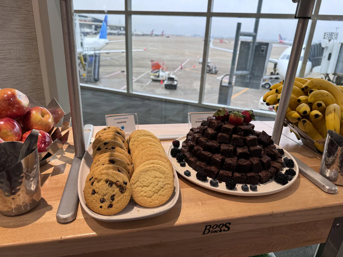 The food buffet at a Delta Sky Club lounge at Dallas Fort Worth International Airport.