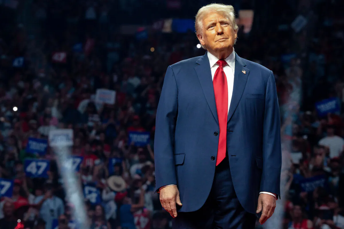 Former President Donald Trump takes the stage during a campaign rally at Desert Diamond Arena in Glendale, Ariz., on Aug. 23, 2024. (Rebecca Noble/Getty Images)