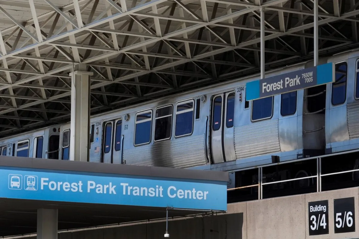 A Chicago Transit Authority Blue Line train waits at the Forest Park, Ill., station for the eastern journey to downtown Chicago on Sept. 3, 2024 (Charles Rex Arbogast/AP Photo)