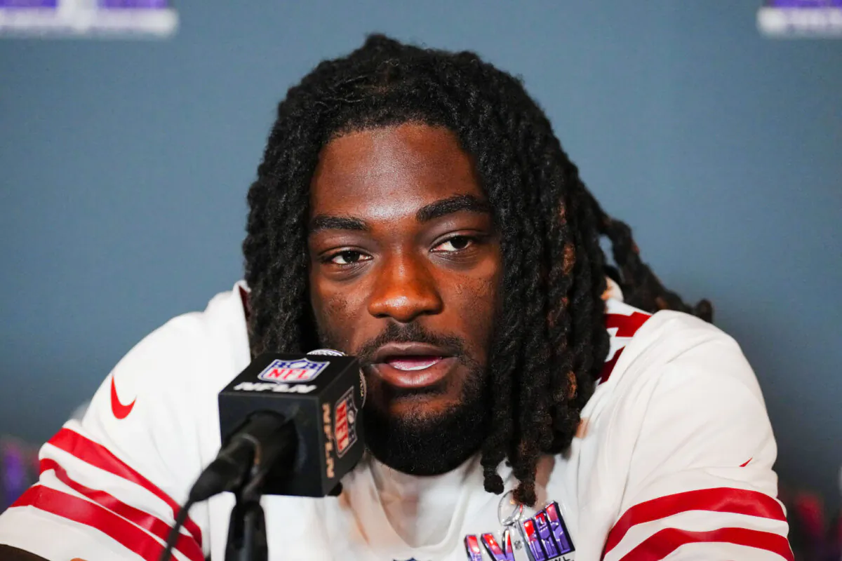 Brandon Aiyuk speaks during San Francisco 49ers media availability ahead of Super Bowl LVIII in Henderson, Nev., on Feb. 7, 2024. (Chris Unger/Getty Images)