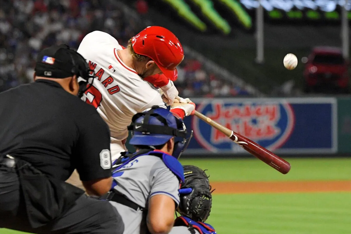 Taylor Ward of the Los Angeles Angels connects for a home run against the Los Angeles Dodgers in Anaheim, Calif., on Sept. 4, 2024. (Mark J. Terrill/AP Photo)