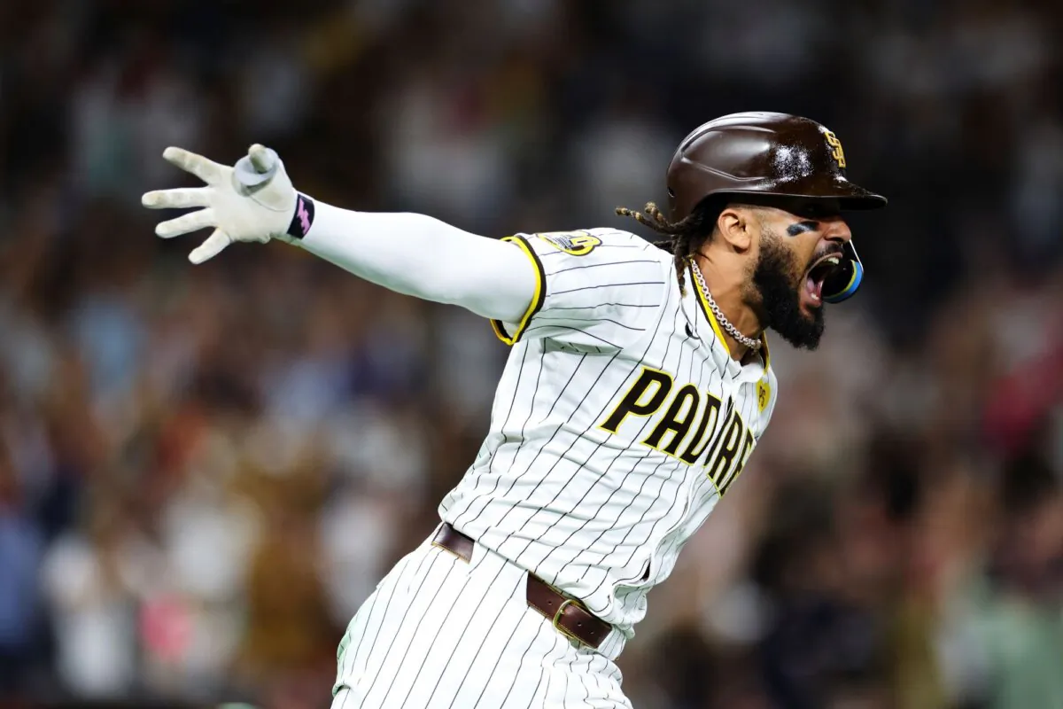 Fernando Tatis Jr. of the San Diego Padres celebrates after hitting a walk-off single against the Detroit Tigers in San Diego on Sept. 4, 2024. (Derrick Tuskan/AP Photo)