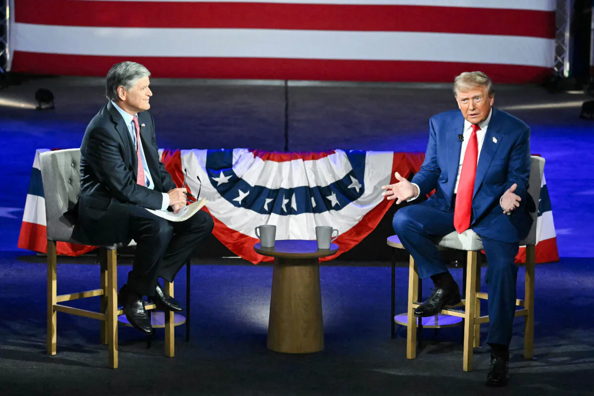 Former President Donald Trump (R), the Republican presidential nominee, takes part in a town hall moderated by Fox News's Sean Hannity at the New Holland Arena in Harrisburg, Pa., on Sept. 4, 2024. (Mandel Ngan/AFP via Getty Images)