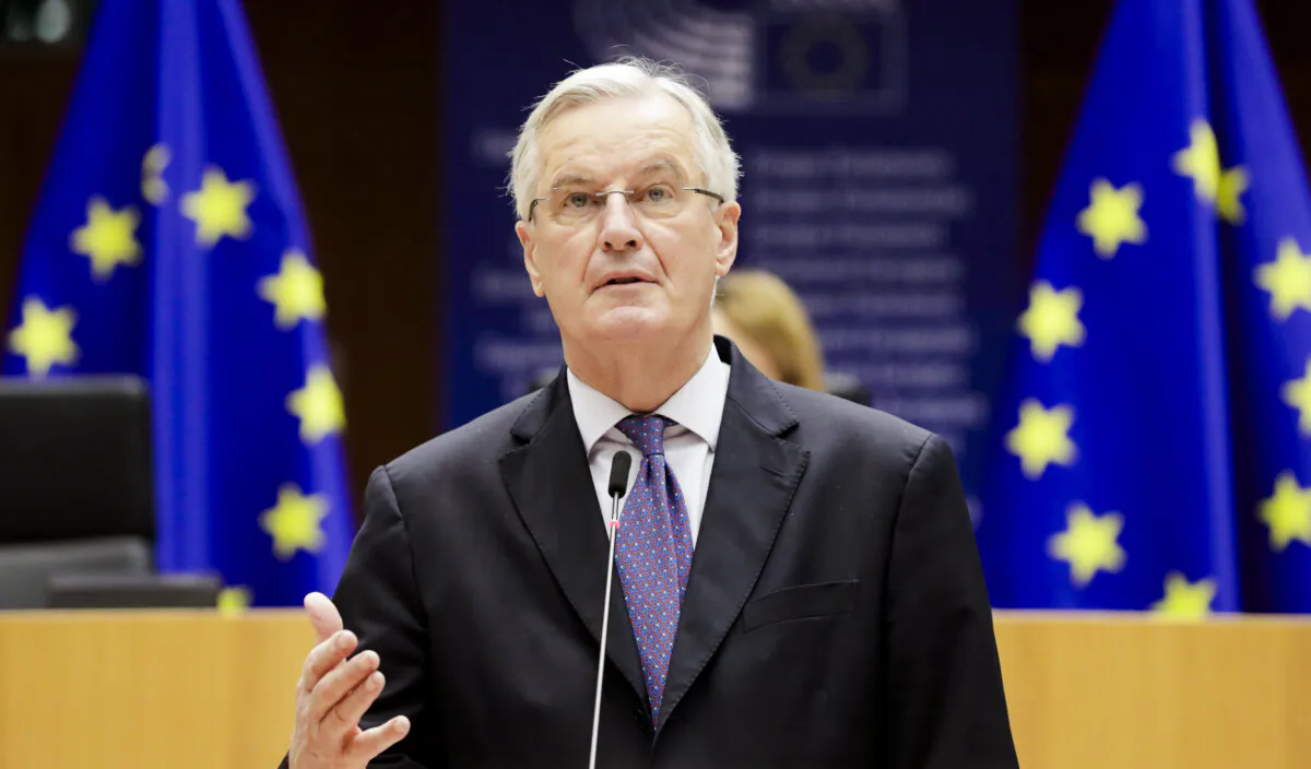EU chief Brexit negotiator Michel Barnier addresses the European Parliament in Brussels, Belgium, on Dec. 18, 2020. (Olivier Hoslet/Reuters)