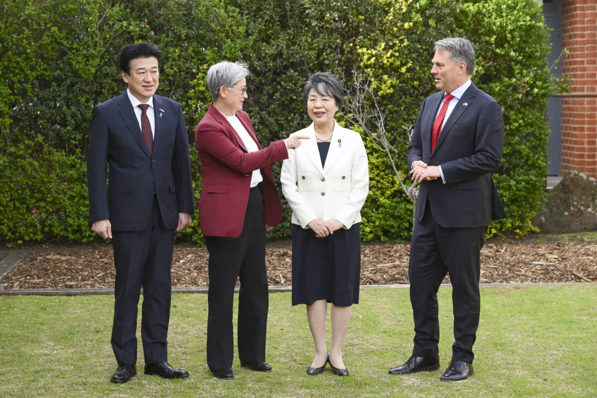(L–R) Japanese Defense Minister Minoru Kihara, Australian Foreign Minister Penny Wong, Japanese Foreign Minister Yoko Kamikawa, and Australian Defense Minister Richard Marles pose for a photo in Queenscliff, Australia, on Sept. 5, 2024. (Joel Carrett/AAP Image via AP)