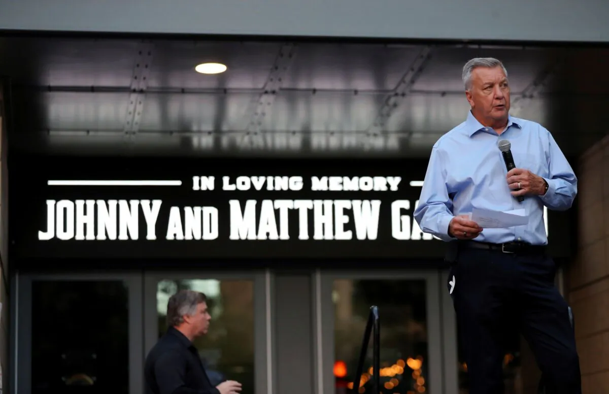 Columbus Blue Jackets General Manager Don Waddell speaks during a candlelight vigil honoring Blue Jackets player Johnny Gaudreau and his brother, Matthew, in Columbus, Ohio, on Sept. 4, 2024. (Joe Maiorana/AP Photo)