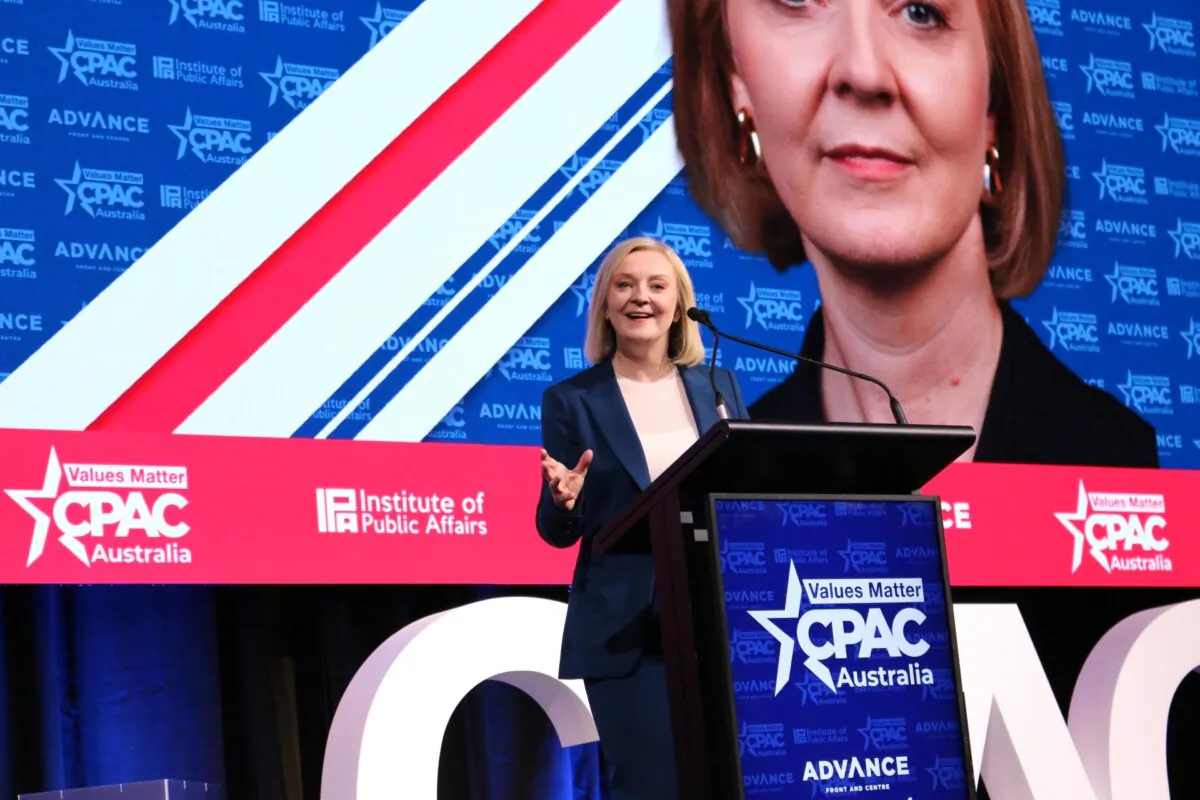 Former UK Prime Minister Liz Truss speaks at CPAC Australia in Brisbane, Australia, on Oct. 5, 2024. (Melanie Sun/The Epoch Times)