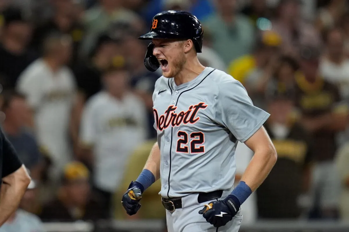 Parker Meadows of the Detroit Tigers is stoked after hitting a two-out, ninth-inning grand slam against the San Diego Padres in San Diego on Sept. 5, 2024. (Gregory Bull/AP Photo)