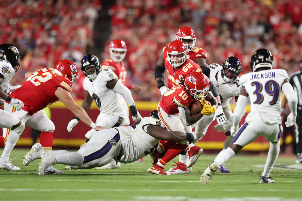 Isiah Pacheco #10 of the Kansas City Chiefs is tackled by the Baltimore Ravens during the fourth quarter at GEHA Field at Arrowhead Stadium in Kansas City, Mo., on Sept. 5, 2024. (Christian Petersen/Getty Images)