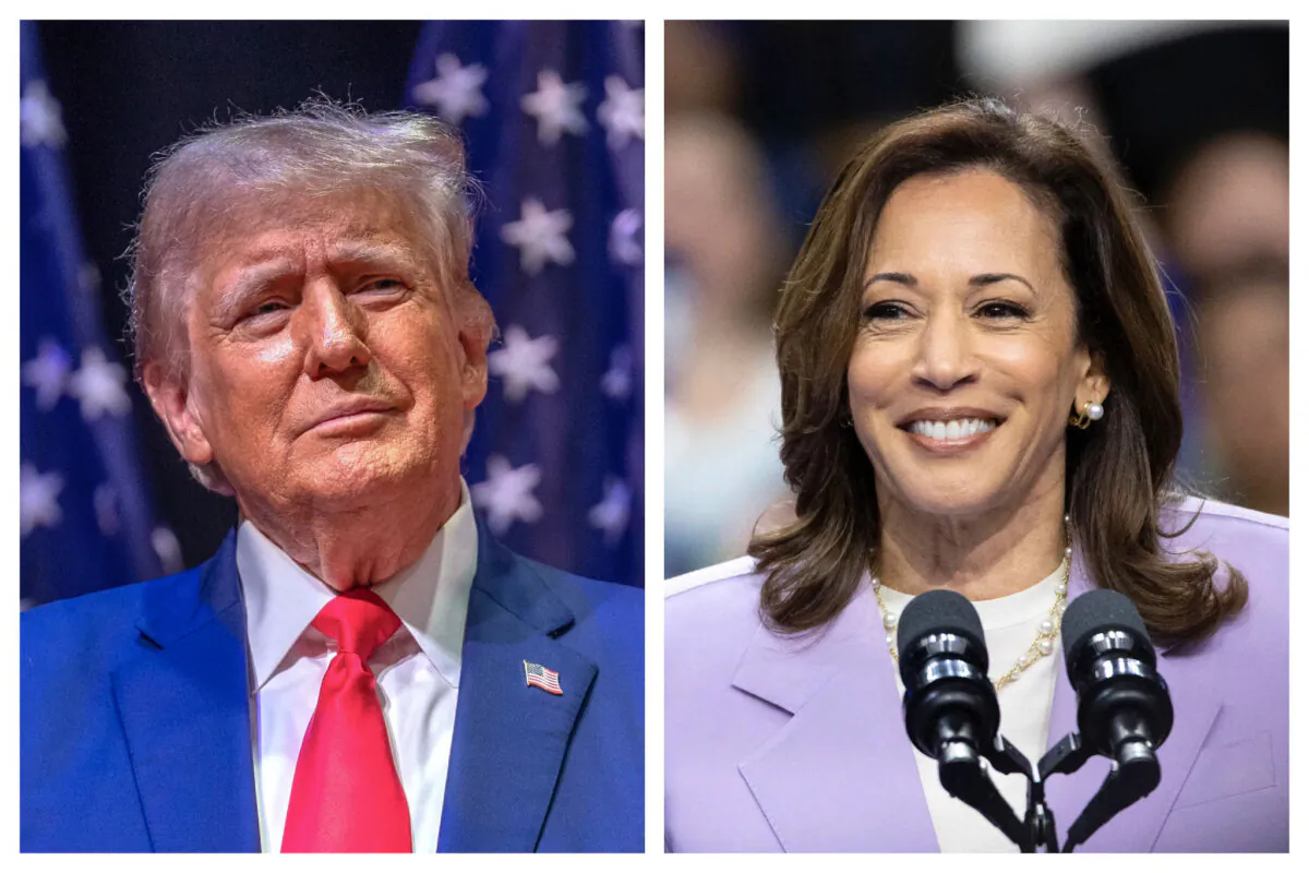 (Left) Former President Donald Trump at a campaign event in Asheville, N.C., on Aug. 14, 2024. (Right) Vice President Kamala Harris speaks during a campaign rally in Las Vegas on Aug. 10, 2024. (Grant Baldwin/Getty Images; Ronda Churchill/AFP via Getty Images)