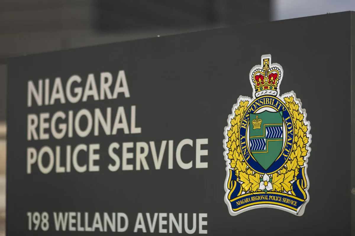 A sign showing the address of the Niagara Regional Police Service detachment in 1 District located in St. Catharines, Ont., on March 15, 2024. (The Canadian Press/Aaron Lynett)