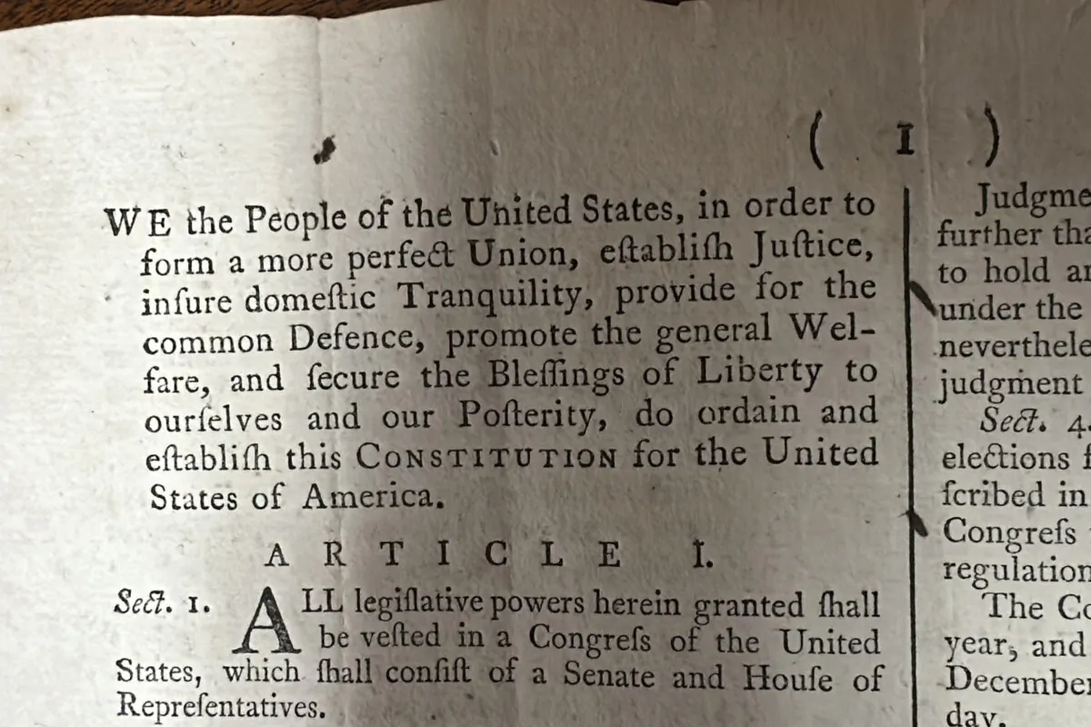 Part of an 1787 copy of the U.S. Constitution that will be put up for auction on Sept. 28, 2024 is shown at Brunk Auctions in Asheville, North Carolina, on Thursday, Sept. 5. (AP Photo/Jeffrey Collins)