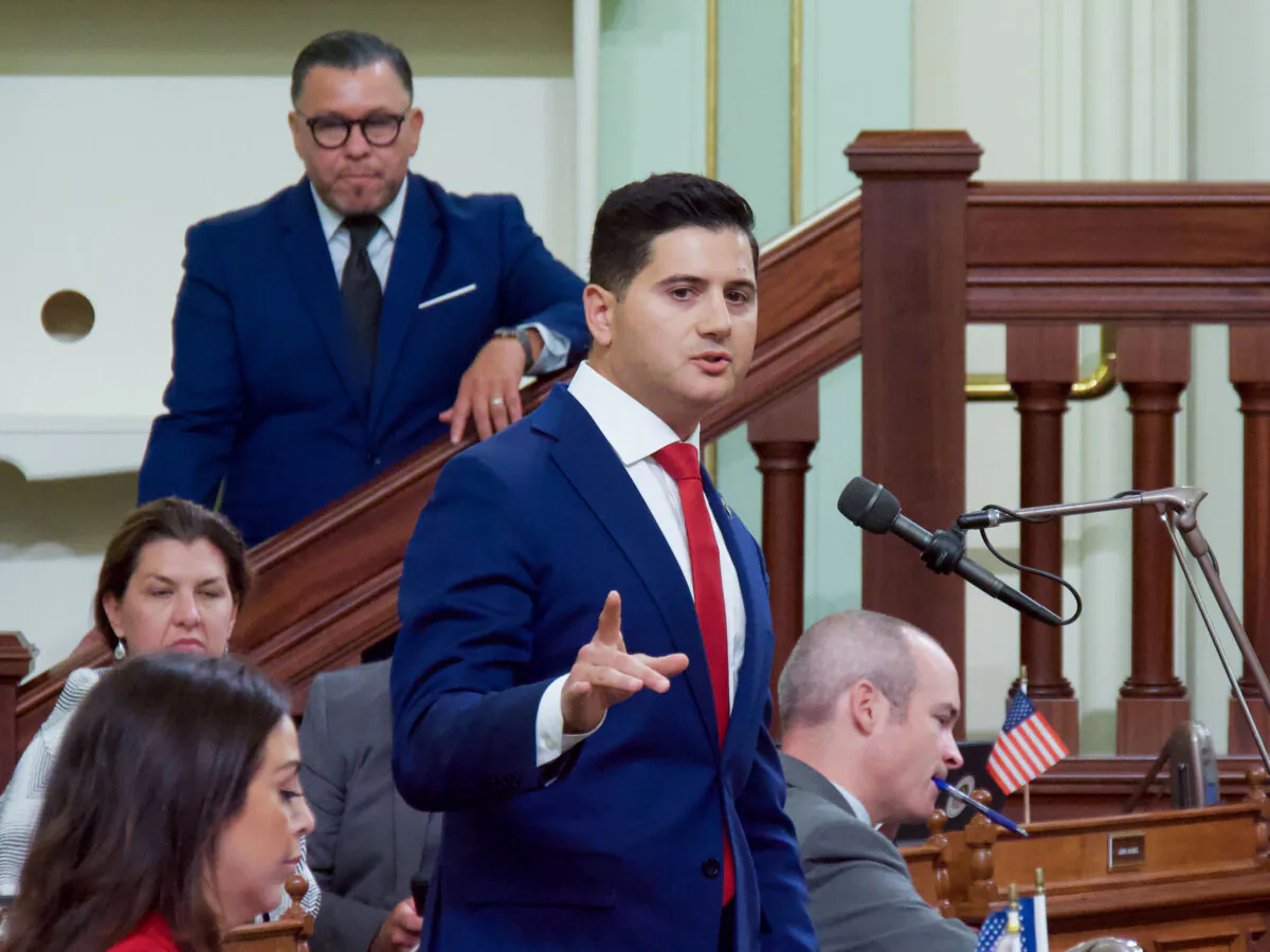 California state Assemblyman Bill Essayli speaks on the Assembly floor in the state Capitol in Sacramento on Aug. 31, 2024. (Travis Gillmore/The Epoch Times)