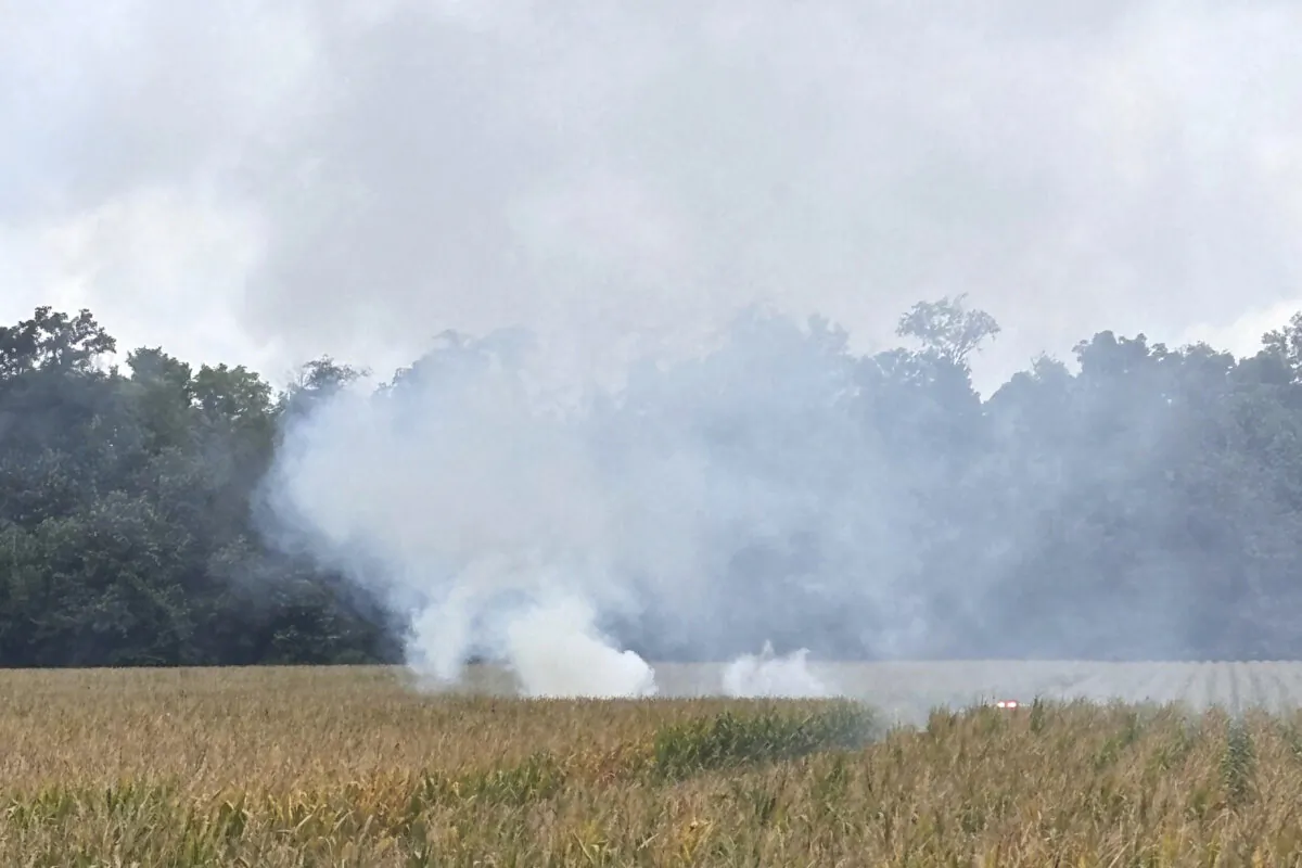 Smoke rises from a cornfield in central Indiana, after a plane taking off from Fort Dodge, Iowa, crashed en route to Anderson Municipal Airport on Sept. 6, 2024. (Todd Harmeson/East Madison Fire Territory via AP)
