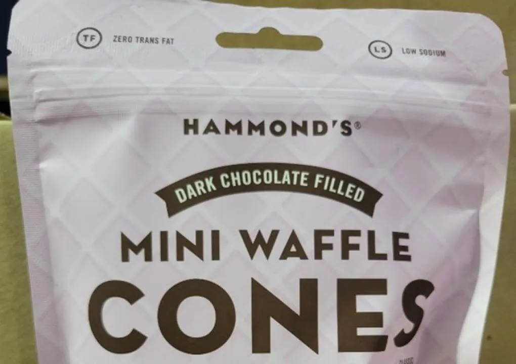 A package of the recalled 4-ounce bags of dark chocolate filled Mini Waffle Cones from Hammond's Candies. (Courtesy of the FDA)