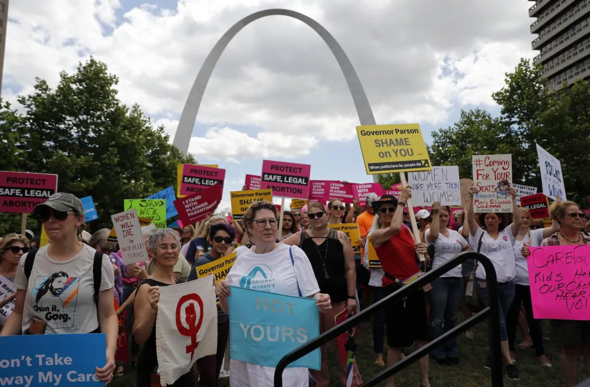 Abortion supporters take part in a protest in St. Louis on May 30, 2019. (AP Photo/Jeff Roberson, File)