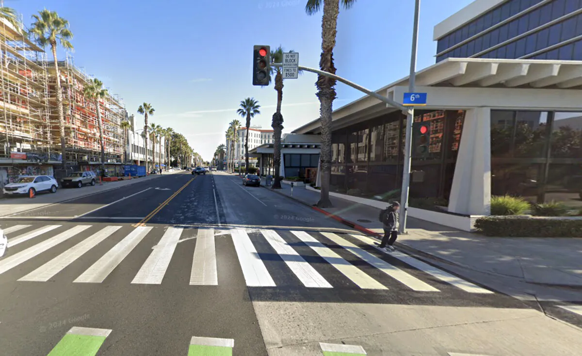 The intersection of 6th Street and Wilshire Boulevard in Santa Monica, Calif., in December 2023. (Google Street View/Screenshot via The Epoch Times)
