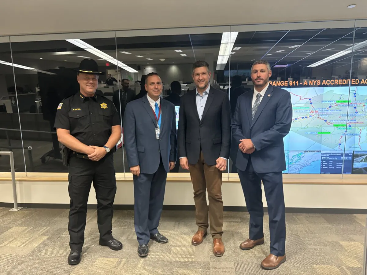 (L to R) Orange County Sheriff Paul Arteta, Orange County Executive Steve Neuhaus, Rep Pat Ryan (D-N.Y.), and Orange County Emergency Services Commissioner Peter Cirigliano held a press conference in Goshen, N.Y., on Sept. 6, 2024. (Cara Ding/The Epoch Times)