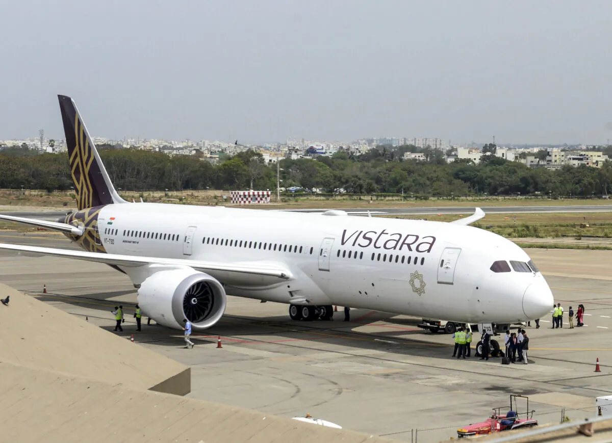 A Vistara Boeing 787-9 at the Wings India 2020 international exhibition at Begumpet Airport in Hyderabad, India, on March 14, 2020. (Noah Seelam/AFP via Getty Images)
