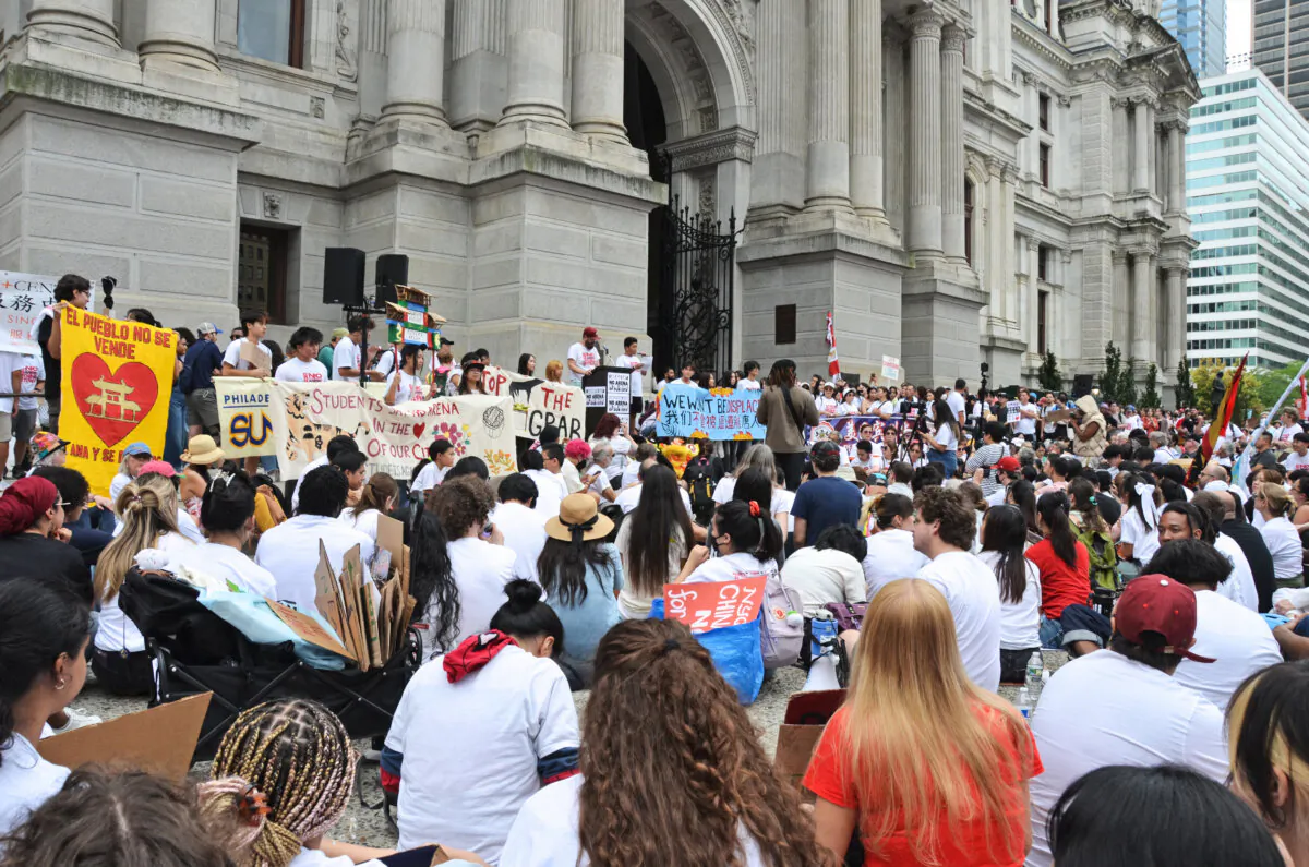 More than a thousand protesters gathered outside Philadelphia City Hall to against the proposed NBA Sixers arena, 76 Place, near Chinatown, on Sept. 7, 2024. (Frank Liang/The Epoch Times)