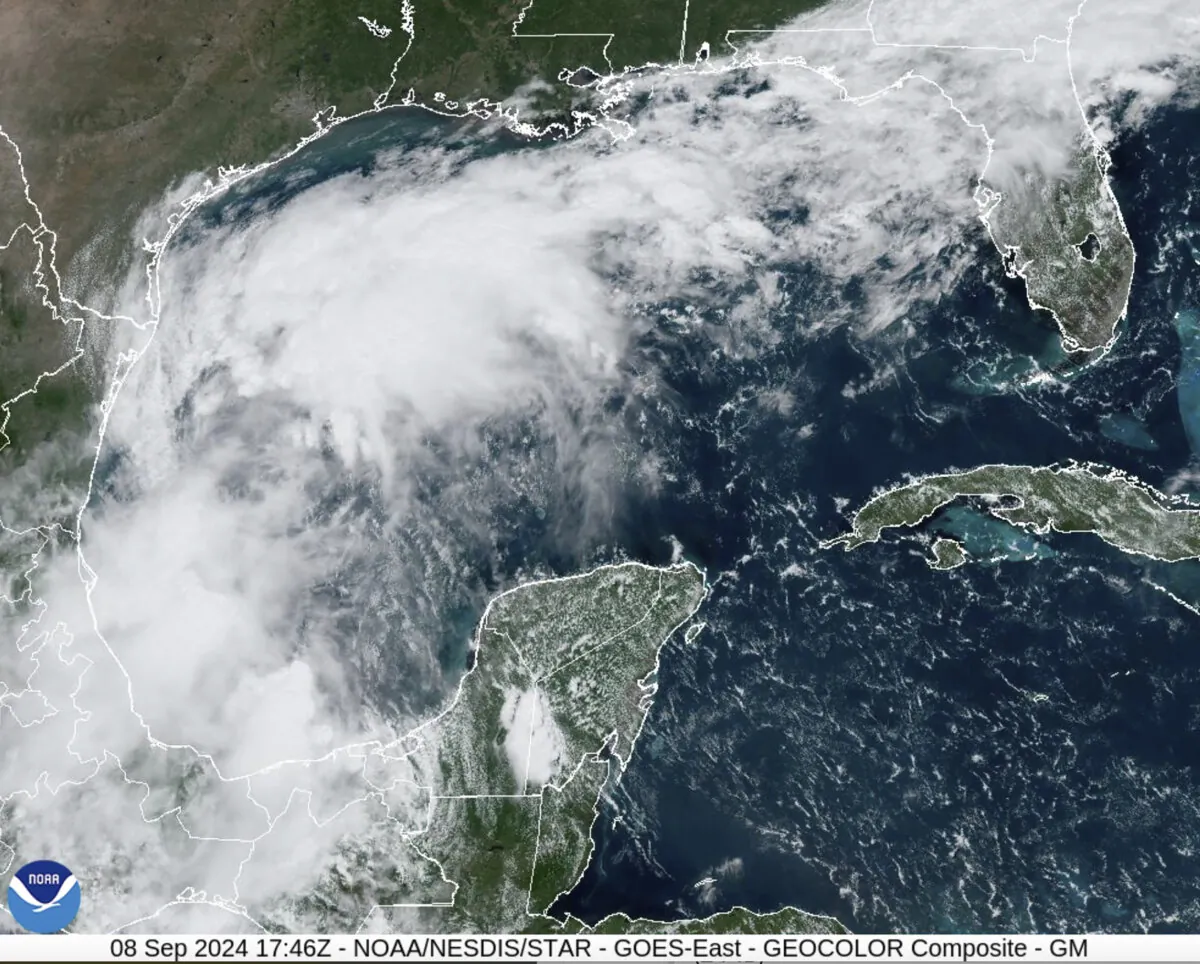 A satellite image shows a tropical disturbance in the Gulf of Mexico at 1.46 p.m. ET on Sept. 8, 2024. (NOAA via AP)