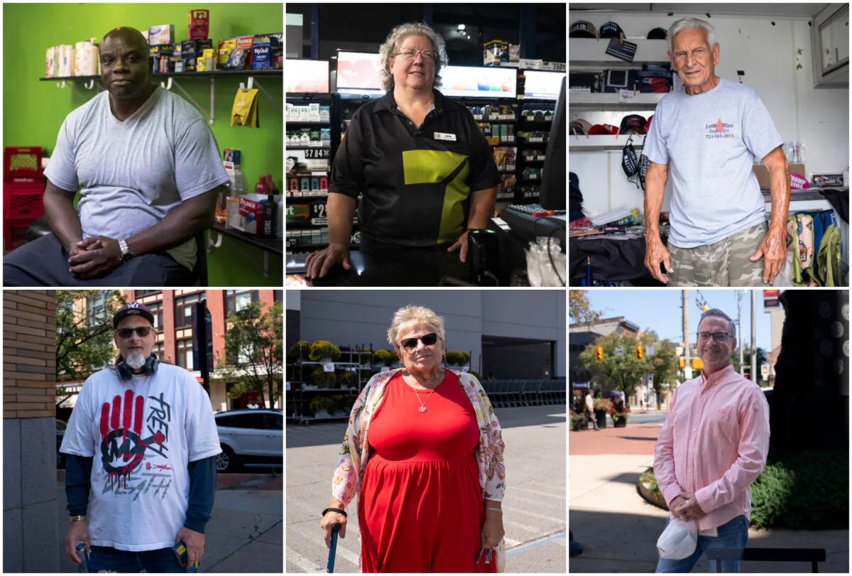 (Top L–R) Lawrence Clark at his business 4 Thee Family II convenience store in downtown York, Pa., on Sept. 5, 2024, Susan Diehl, 66, in Newburgh, Pa., on Sept. 5, 2024, and Michael Nicolazzo in Butler, Pa., on Sept. 6, 2024. (Bottom L–R) Dave Brueggeman, 60, a U.S. Army veteran, in downtown York, Pa., on Sept. 5, 2024, Mikki Breitmos in Butler, Pa., on Sept. 6, 2024, and Marco Ceo, 54, in downtown York, Pa., on Sept. 5, 2024. (Madalina Vasiliu/The Epoch Times)