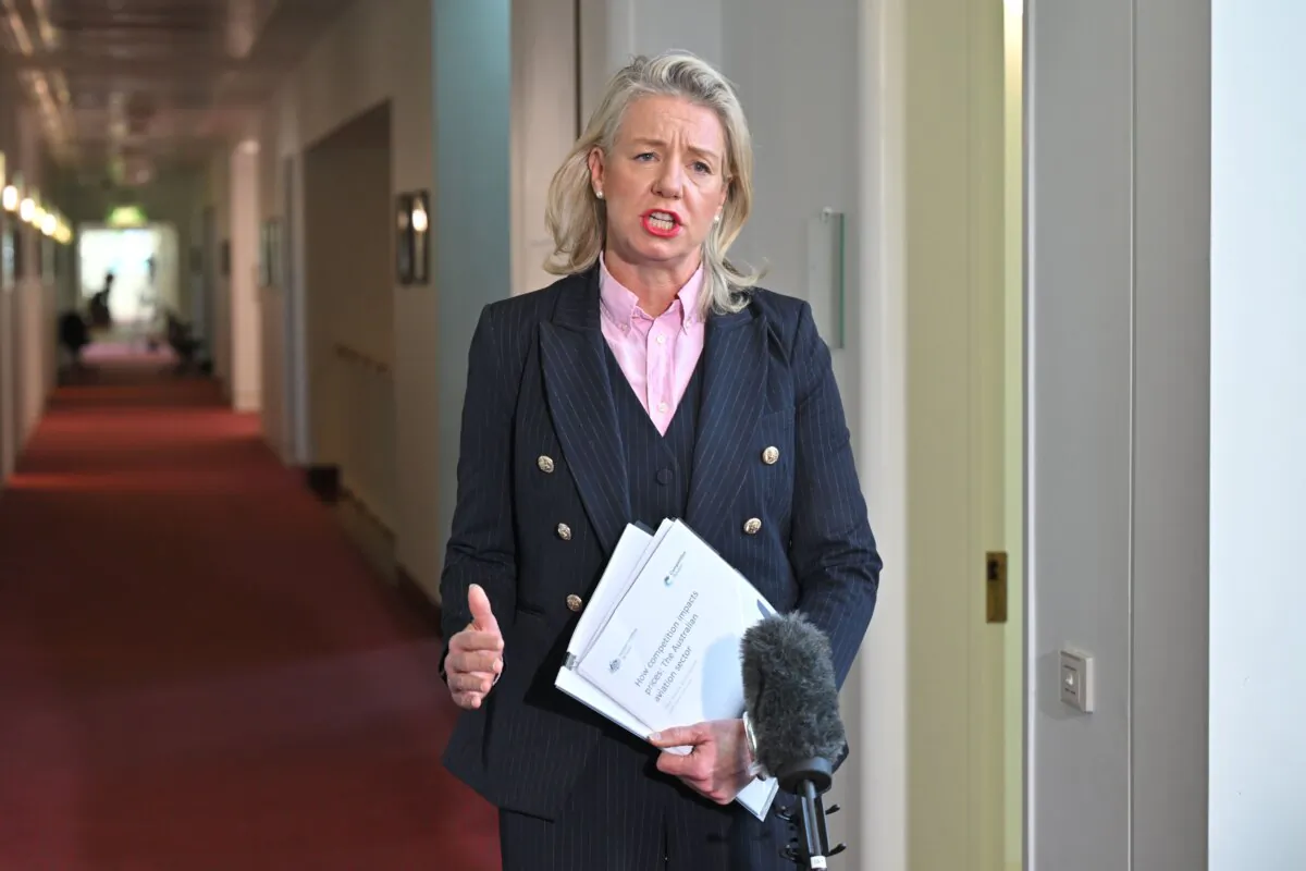 Shadow Minister for Infrastructure Bridget McKenzie speaks to journalists in the Press Gallery at Parliament House in Canberra, Australia, on Sept. 9, 2024. (AAP Image/Mick Tsikas)