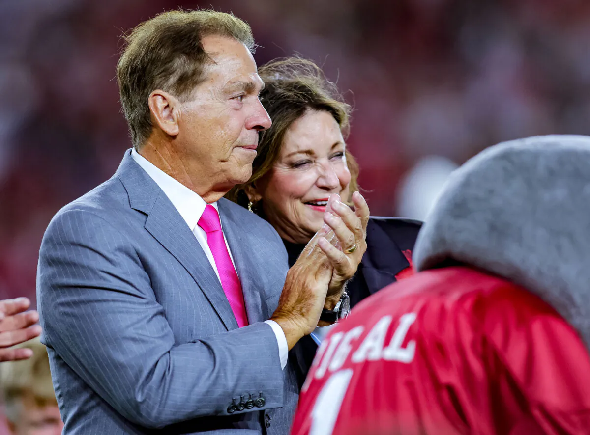 Former University of Alabama head football coach Nick Saban is honored at the half against the South Florida Bulls with the naming of the field in his honor at Bryant-Denny Stadium in Tuscaloosa, Alabama, on Sept. 7, 2024. (Brandon Sumrall/Getty Images)
